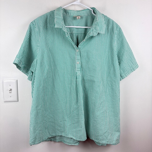 L.L. Bean Green and White Pinstripe Collared Short Sleeve Top - Picture 1 of 7